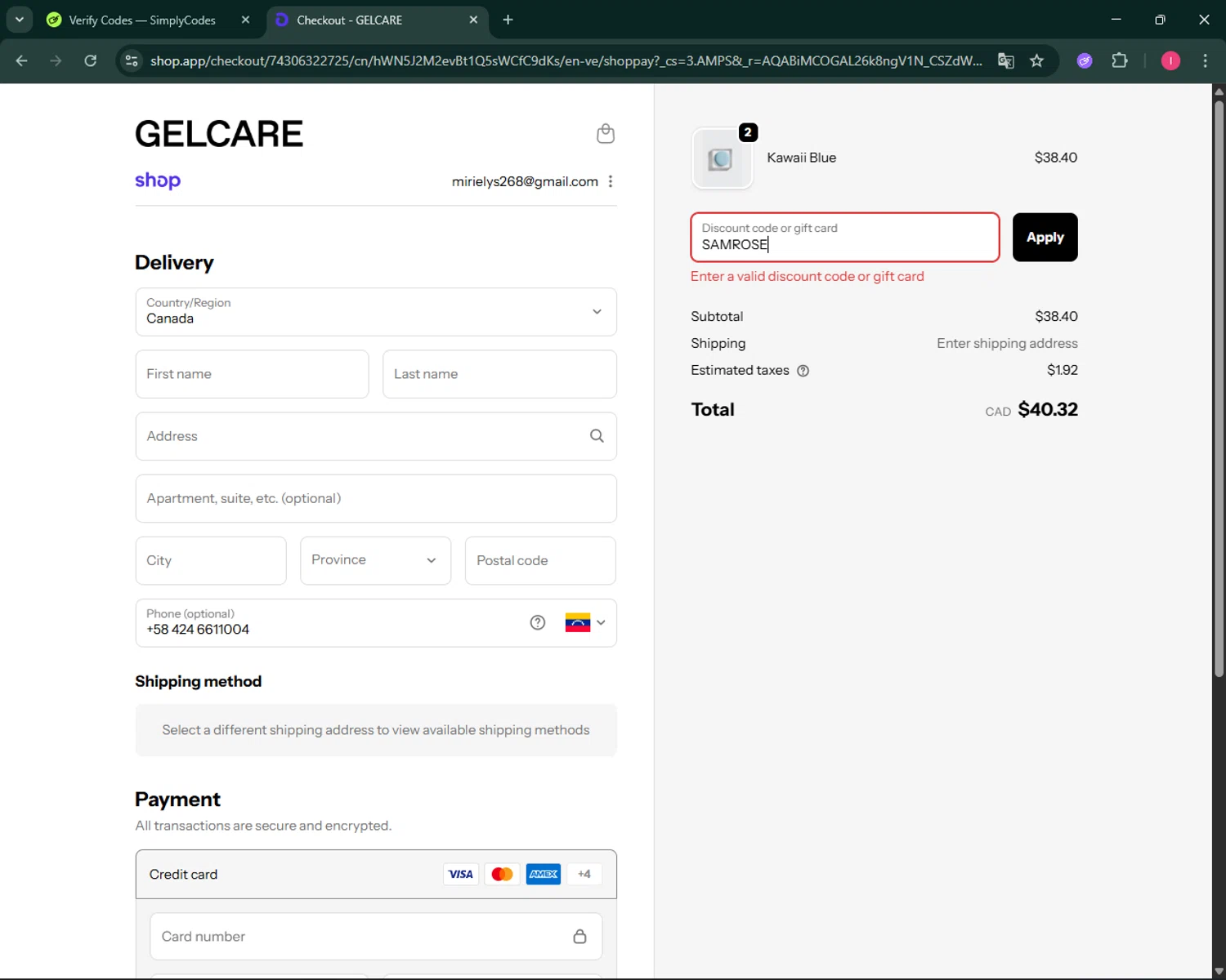 Gelcare promo code screenshot showing code SAMROSE applied at Gelcare checkout page. Uploaded by SimplyCodes community member BargainSeeker9964 on Nov 15, 2025