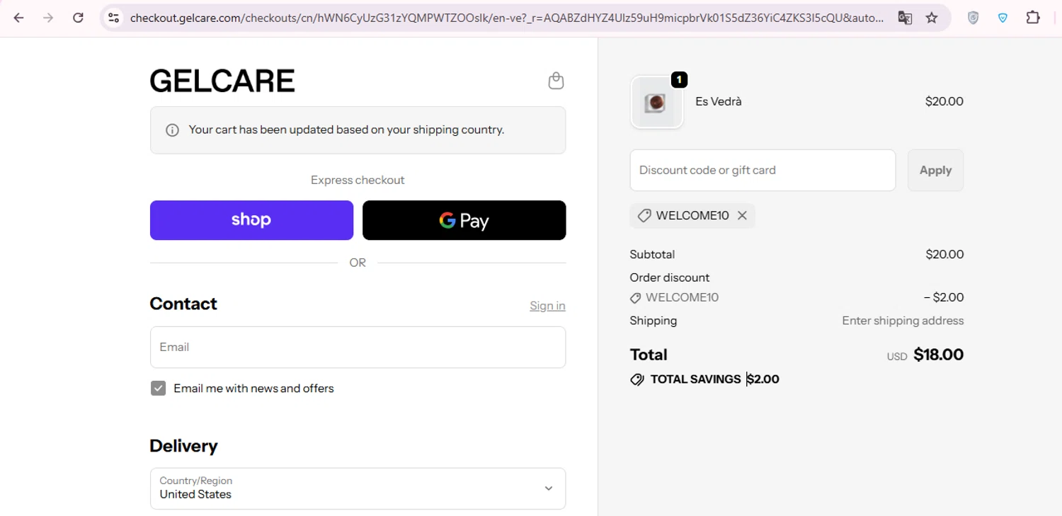 Gelcare promo code screenshot showing code WELCOME10 applied at Gelcare checkout page. Uploaded by SimplyCodes community member carol_lameda on Dec 8, 2025