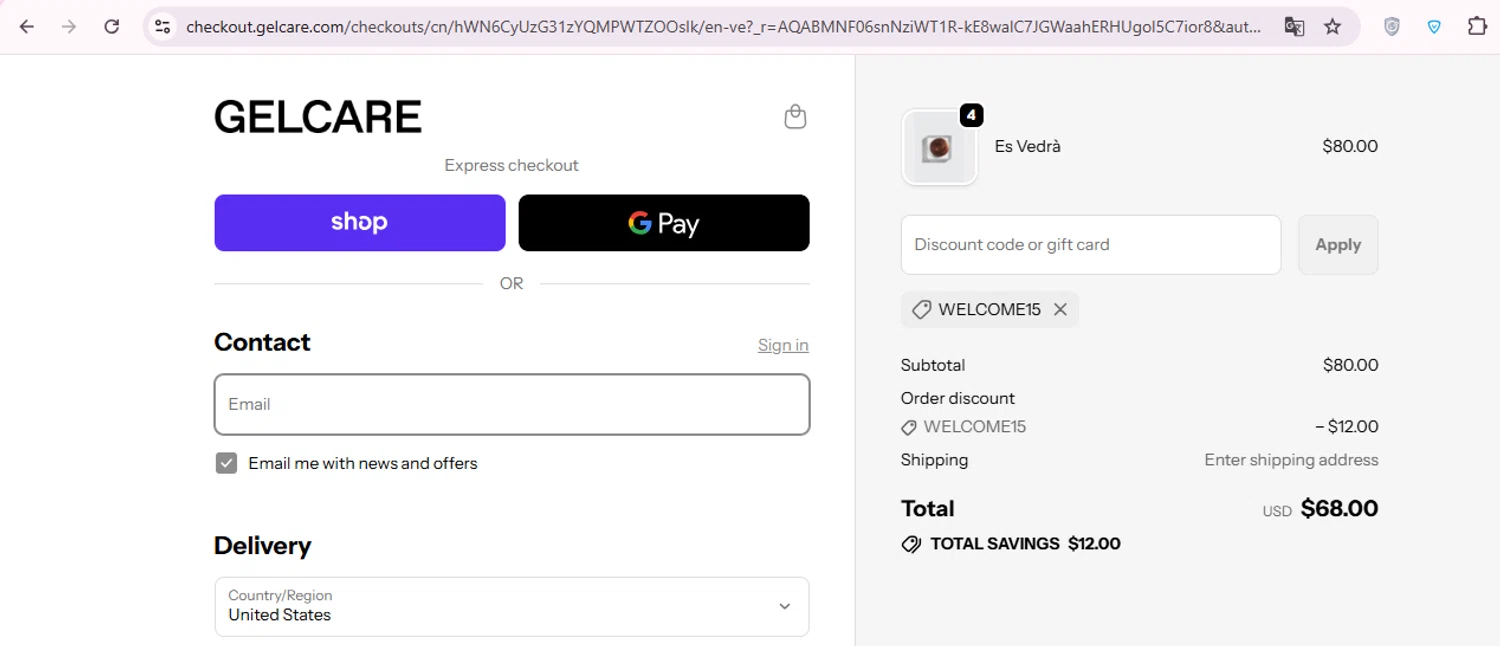 Gelcare promo code screenshot showing code WELCOME15 applied at Gelcare checkout page. Uploaded by SimplyCodes community member carol_lameda on Dec 8, 2025