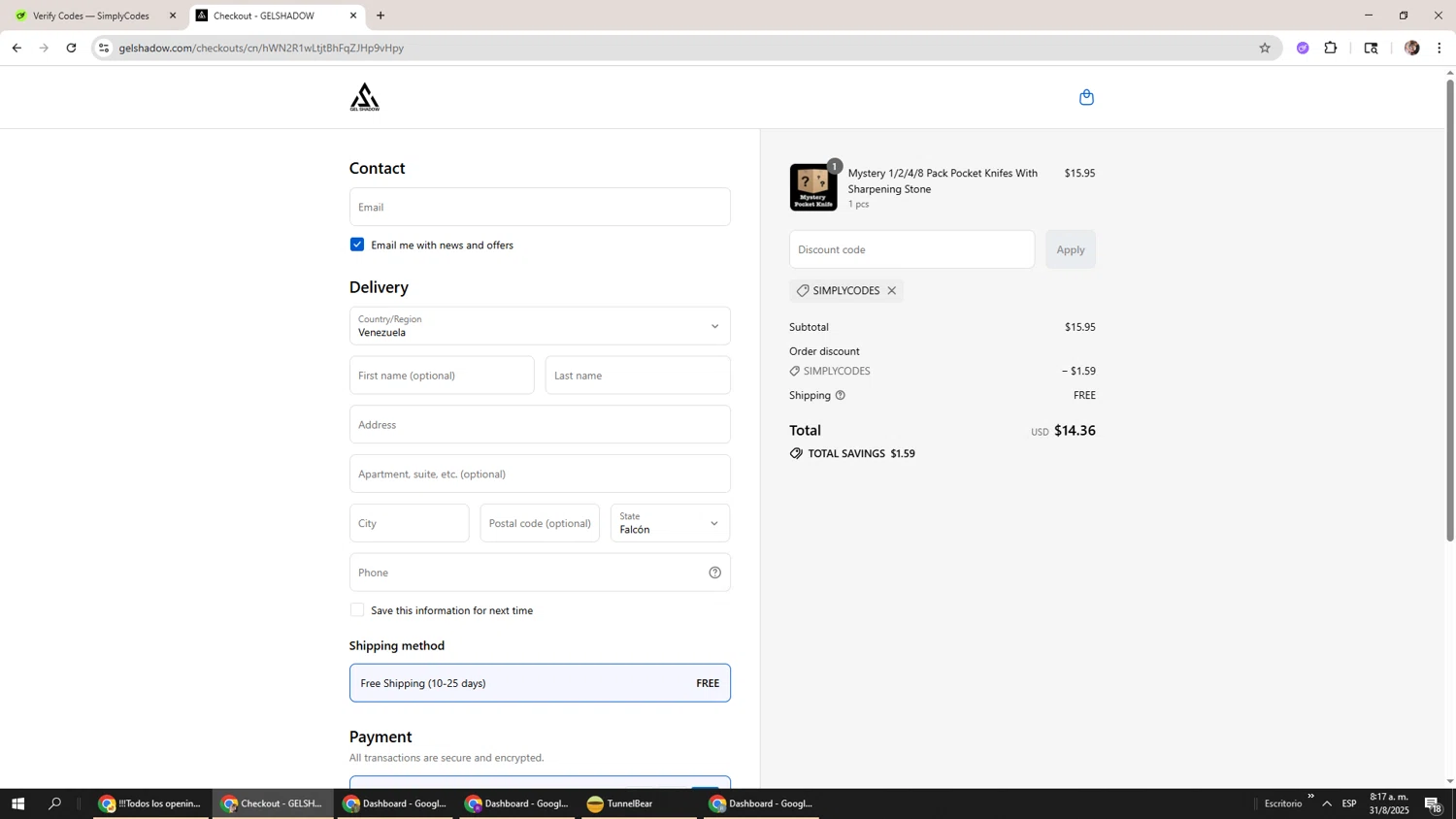 GELSHADOW discount code screenshot showing code SIMPLYCODES applied at GELSHADOW checkout page. Uploaded by SimplyCodes community member Levi_Ackerman on Aug 31, 2025