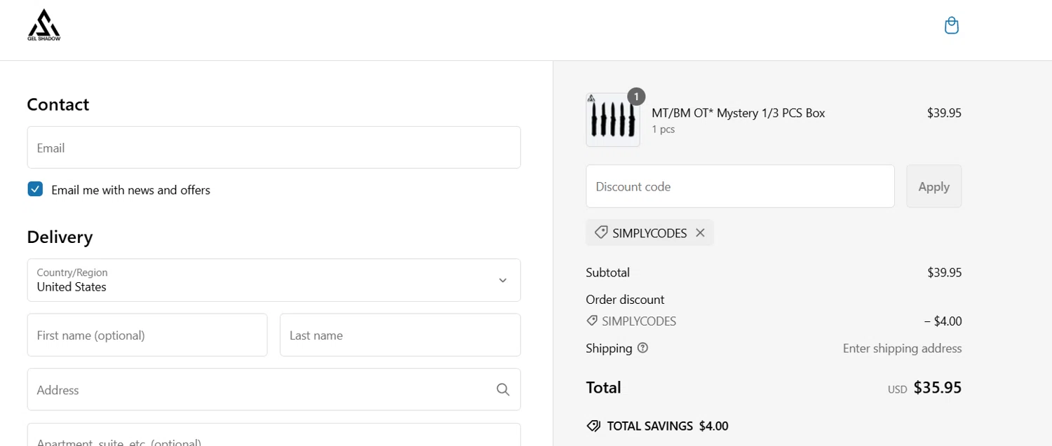 GELSHADOW discount code screenshot showing code SIMPLYCODES applied at GELSHADOW checkout page. Uploaded by SimplyCodes community member GoldChaser6627 on Feb 5, 2025