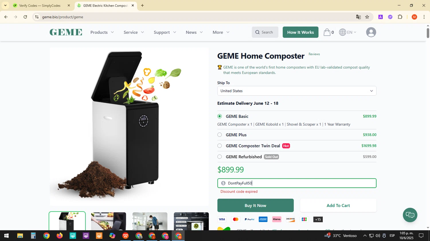GEME promo code screenshot showing code DontPayFull50 applied at GEME checkout page. Uploaded by SimplyCodes community member ExtraordinaryDefender1444 on Jun 10, 2025