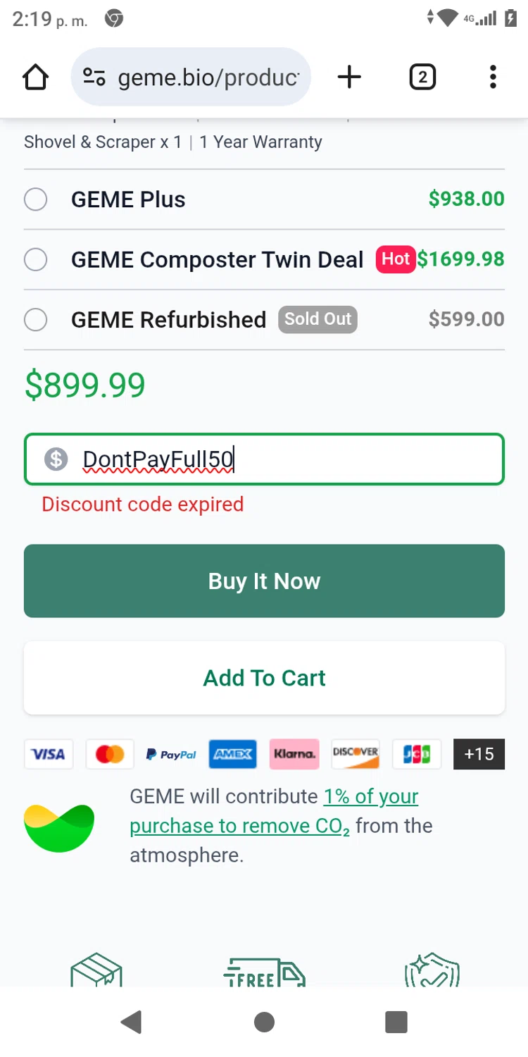 GEME promo code screenshot showing code DontPayFull50 applied at GEME checkout page. Uploaded by SimplyCodes community member franksanchez on Jun 10, 2025