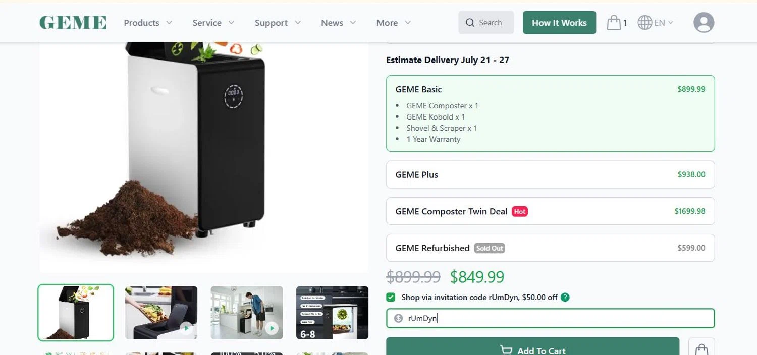 GEME promo code screenshot showing code rUmDyn applied at GEME checkout page. Uploaded by SimplyCodes community member Marianadelanoche on Jul 19, 2025