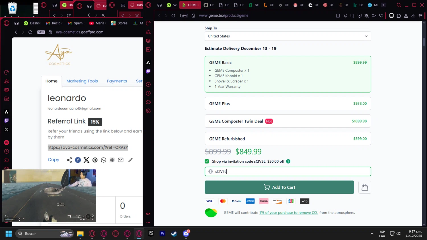 GEME promo code screenshot showing code sCIV5L applied at GEME checkout page. Uploaded by SimplyCodes community member Handivlak on Dec 11, 2025
