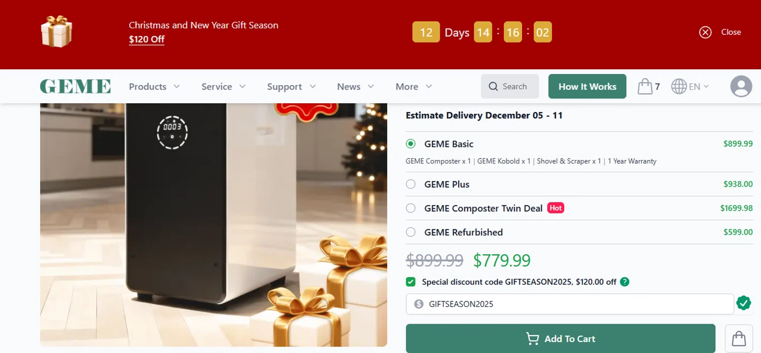 GEME promo code screenshot showing code GIFTSEASON2025 applied at GEME checkout page. Uploaded by SimplyCodes community member ashe1986 on Dec 3, 2025