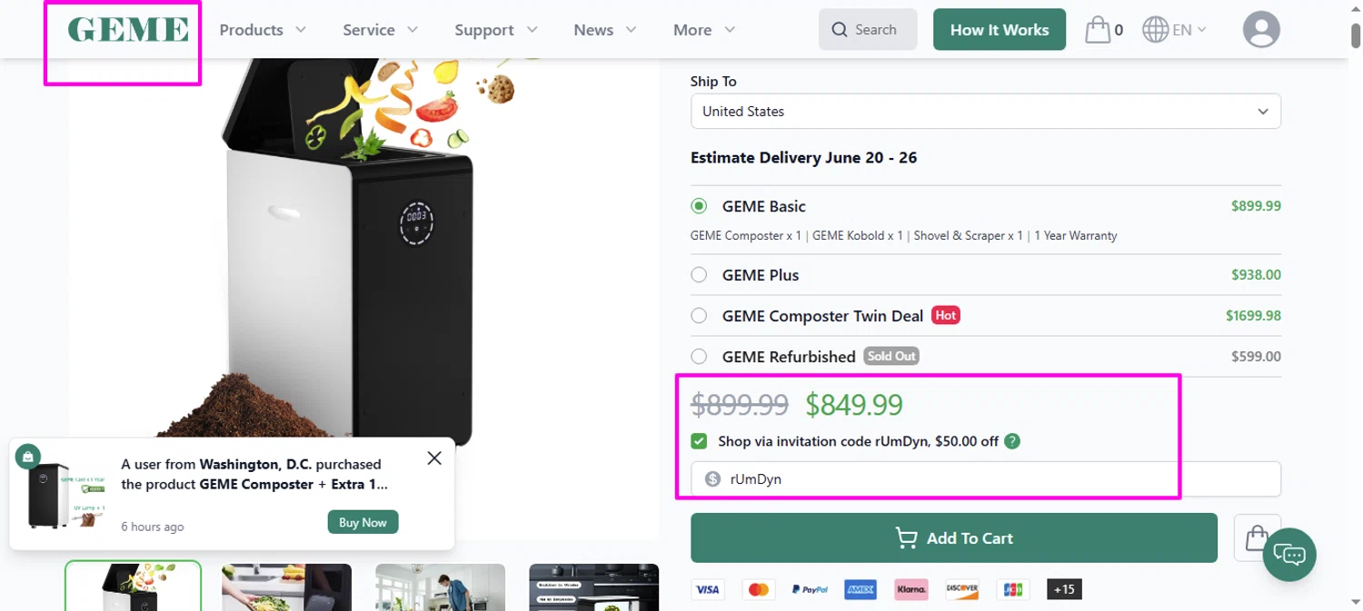 GEME promo code screenshot showing code rUmDyn applied at GEME checkout page. Uploaded by SimplyCodes community member mrdarcy on Jun 18, 2025