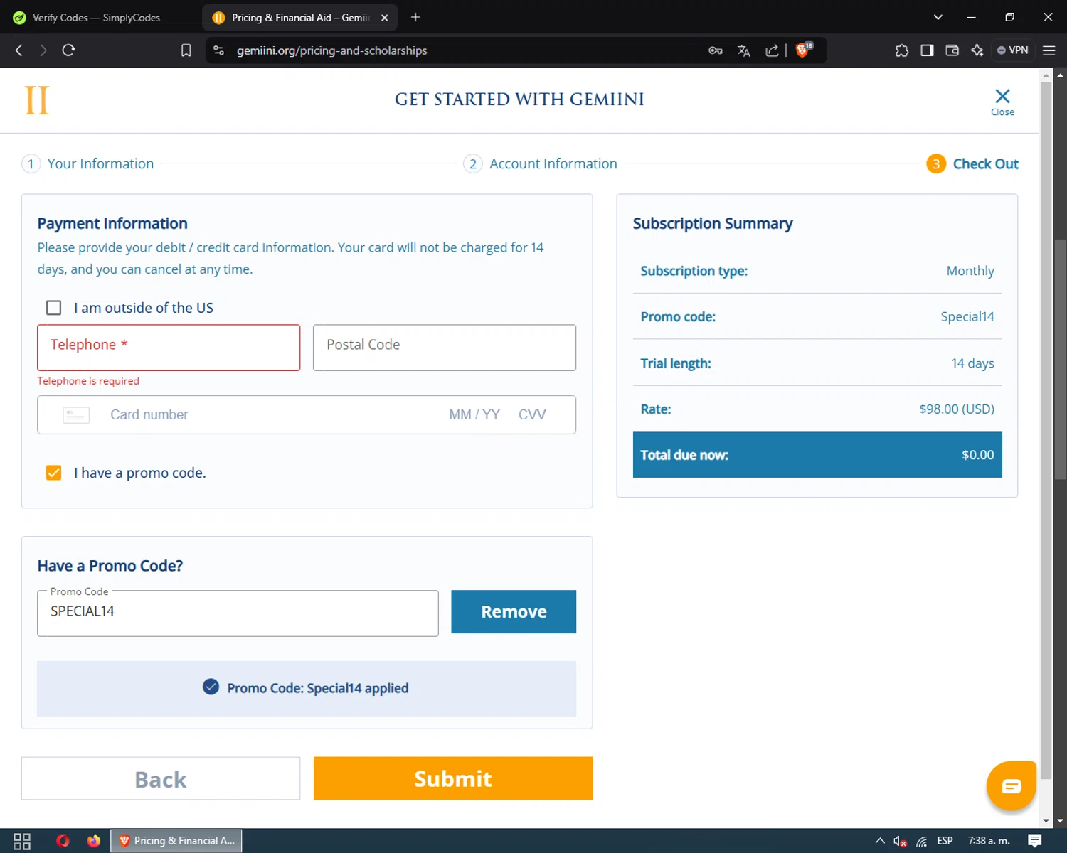 Gemiini Systems promo code screenshot showing code SPECIAL14 applied at Gemiini Systems checkout page. Uploaded by SimplyCodes community member joaojesus on Jan 28, 2025