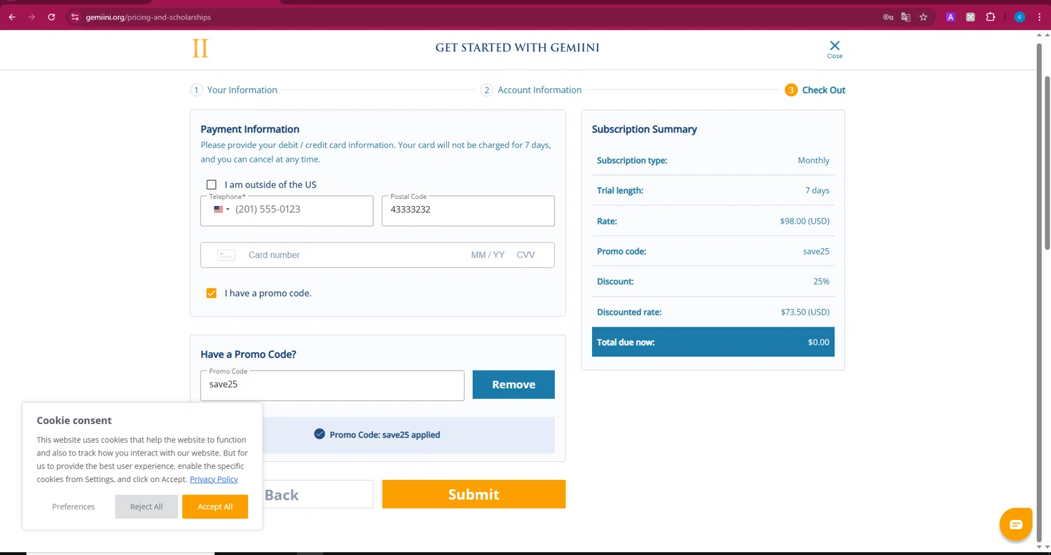 Gemiini Systems promo code screenshot showing code save25 applied at Gemiini Systems checkout page. Uploaded by SimplyCodes community member Turiderss on Apr 4, 2025