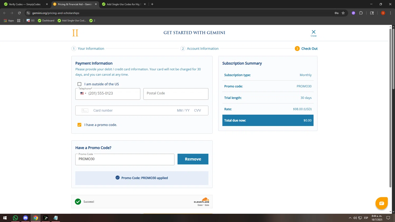 Gemiini Systems promo code screenshot showing code PROMO30 applied at Gemiini Systems checkout page. Uploaded by SimplyCodes community member JohnSimply on Jul 18, 2025