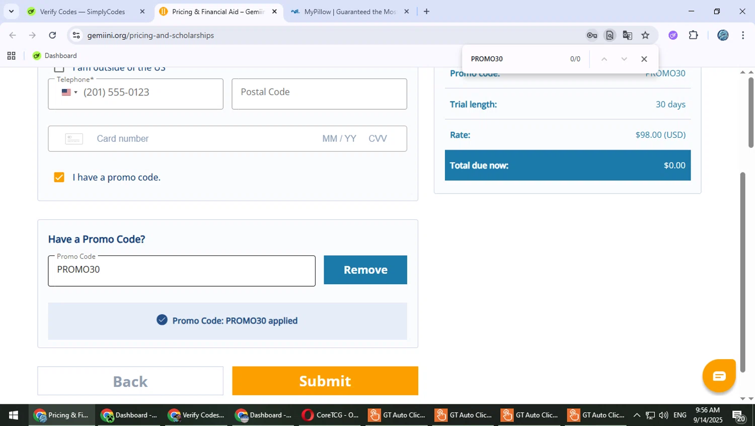 Gemiini Systems promo code screenshot showing code PROMO30 applied at Gemiini Systems checkout page. Uploaded by SimplyCodes community member Suicune on Sep 14, 2025