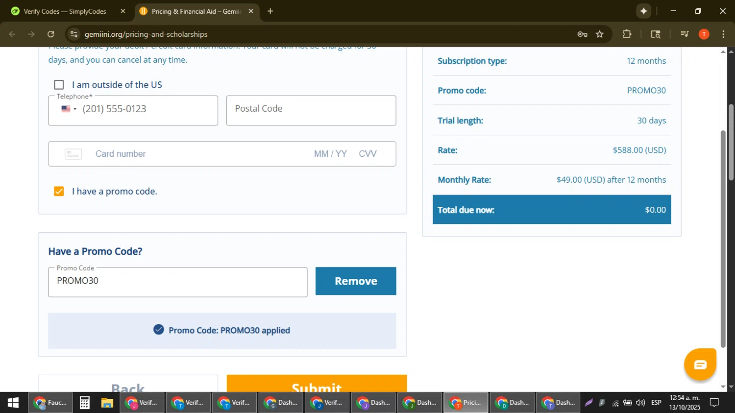 Gemiini Systems promo code screenshot showing code PROMO30 applied at Gemiini Systems checkout page. Uploaded by SimplyCodes community member ShrewdAce8338 on Oct 13, 2025