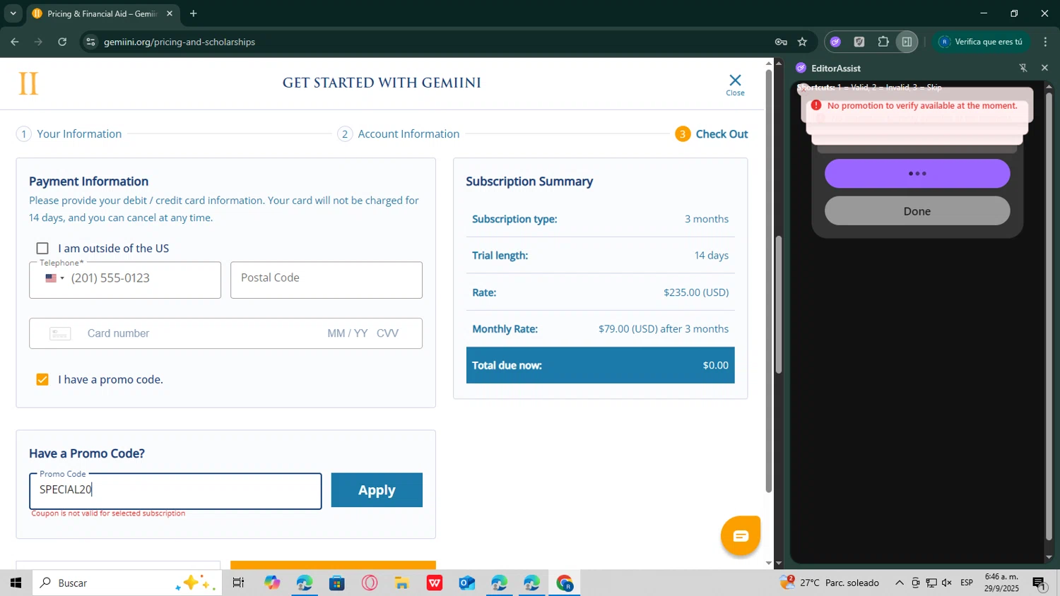 Gemiini Systems promo code screenshot showing code SPECIAL20 applied at Gemiini Systems checkout page. Uploaded by SimplyCodes community member Jose__Salazar on Sep 29, 2025