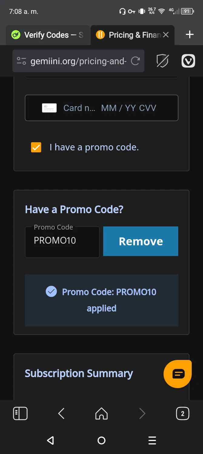 Gemiini Systems promo code screenshot showing code PROMO10 applied at Gemiini Systems checkout page. Uploaded by SimplyCodes community member CarmenVGR on Apr 29, 2025