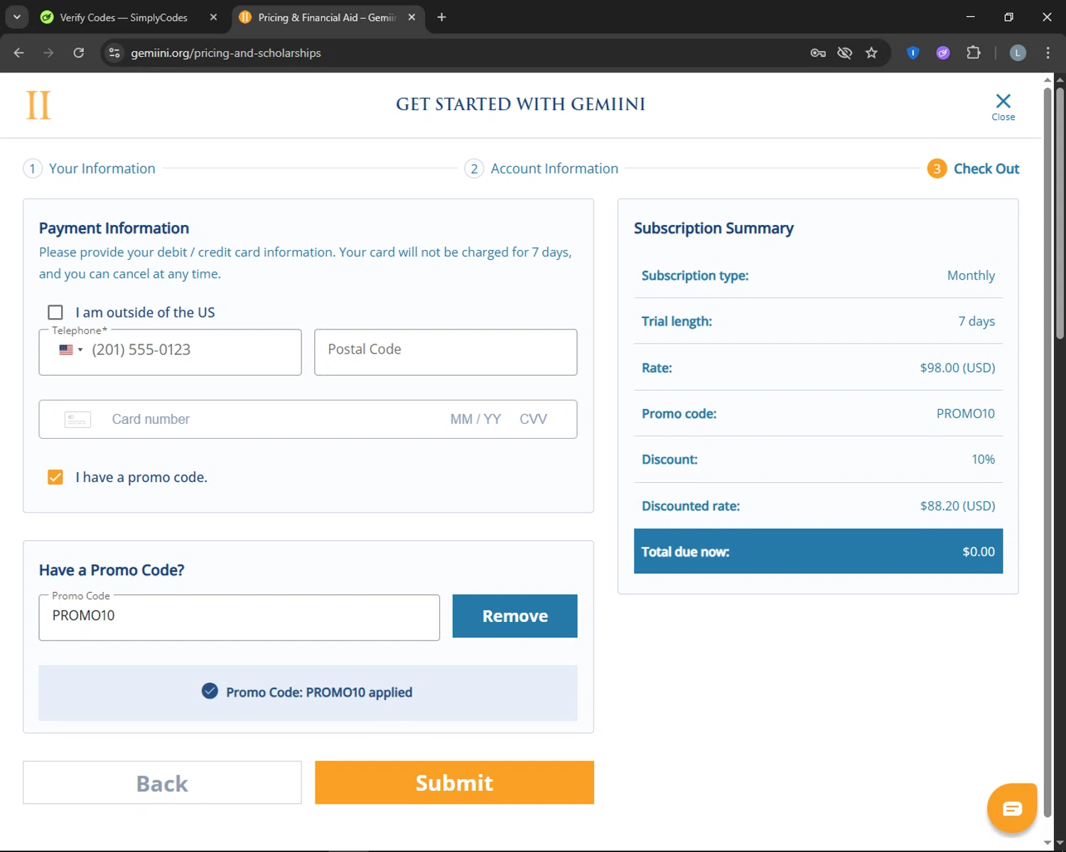 Gemiini Systems promo code screenshot showing code PROMO10 applied at Gemiini Systems checkout page. Uploaded by SimplyCodes community member CashTracker4266 on May 28, 2025
