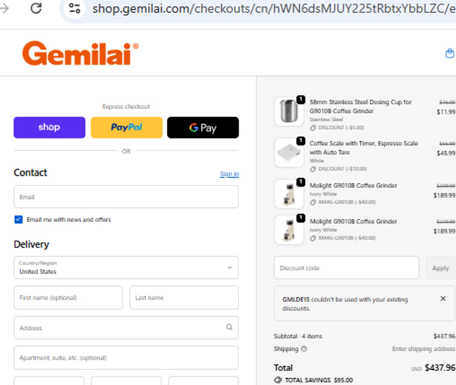 Gemilai promo code screenshot showing code GMLDE15 applied at Gemilai checkout page. Uploaded by SimplyCodes community member PennyOwl2559 on Dec 20, 2025