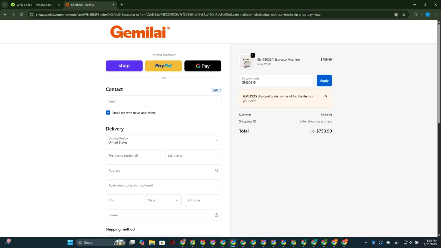 Gemilai promo code screenshot showing code GMLDE15 applied at Gemilai checkout page. Uploaded by SimplyCodes community member RewardVoyager146 on Nov 11, 2025