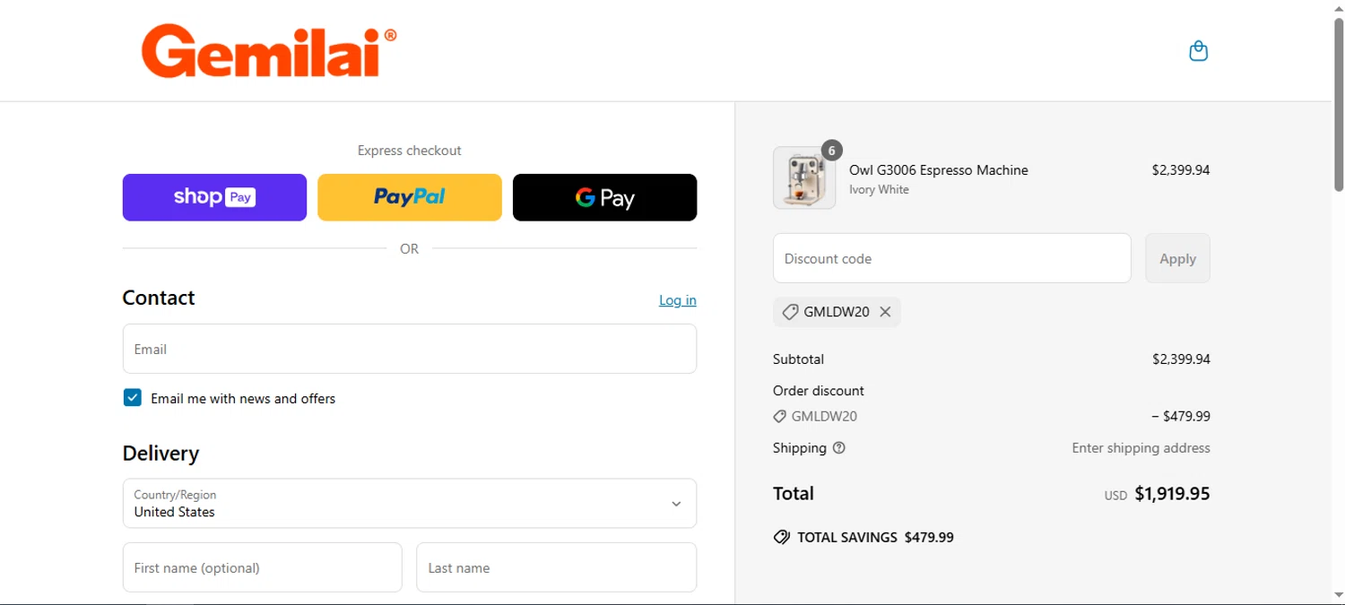 Gemilai promo code screenshot showing code GMLDW20 applied at Gemilai checkout page. Uploaded by SimplyCodes community member brcbrc on Jun 24, 2025