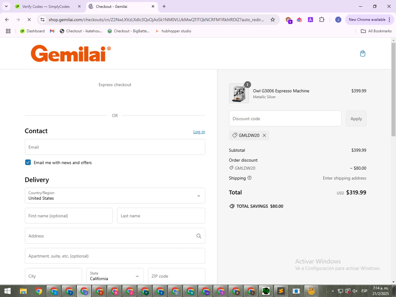 Gemilai promo code screenshot showing code GMLDW20 applied at Gemilai checkout page. Uploaded by SimplyCodes community member VoucherLegend6452 on Feb 21, 2025