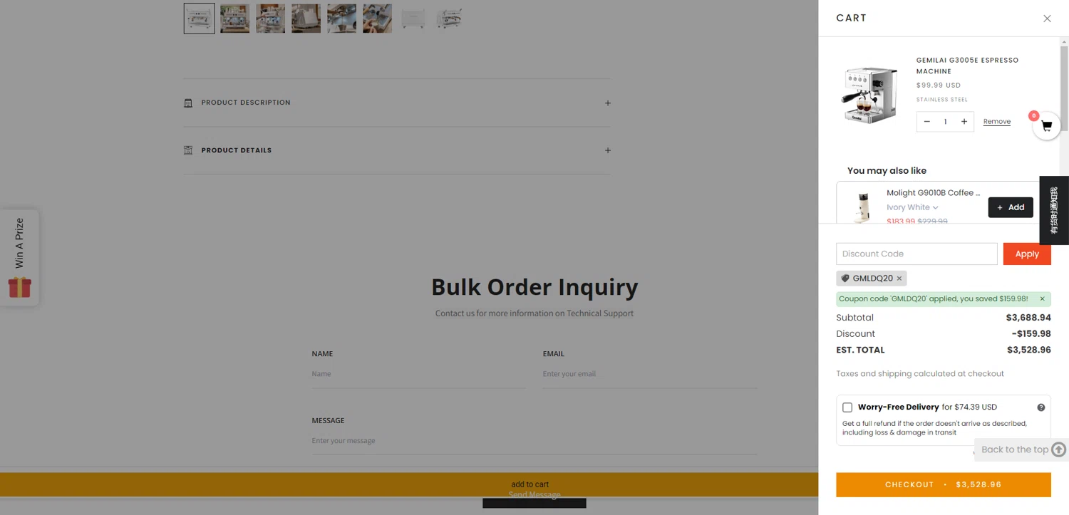 Gemilai promo code screenshot showing code GMLDQ20 applied at Gemilai checkout page. Uploaded by SimplyCodes community member CrownTiger6508 on Sep 23, 2025