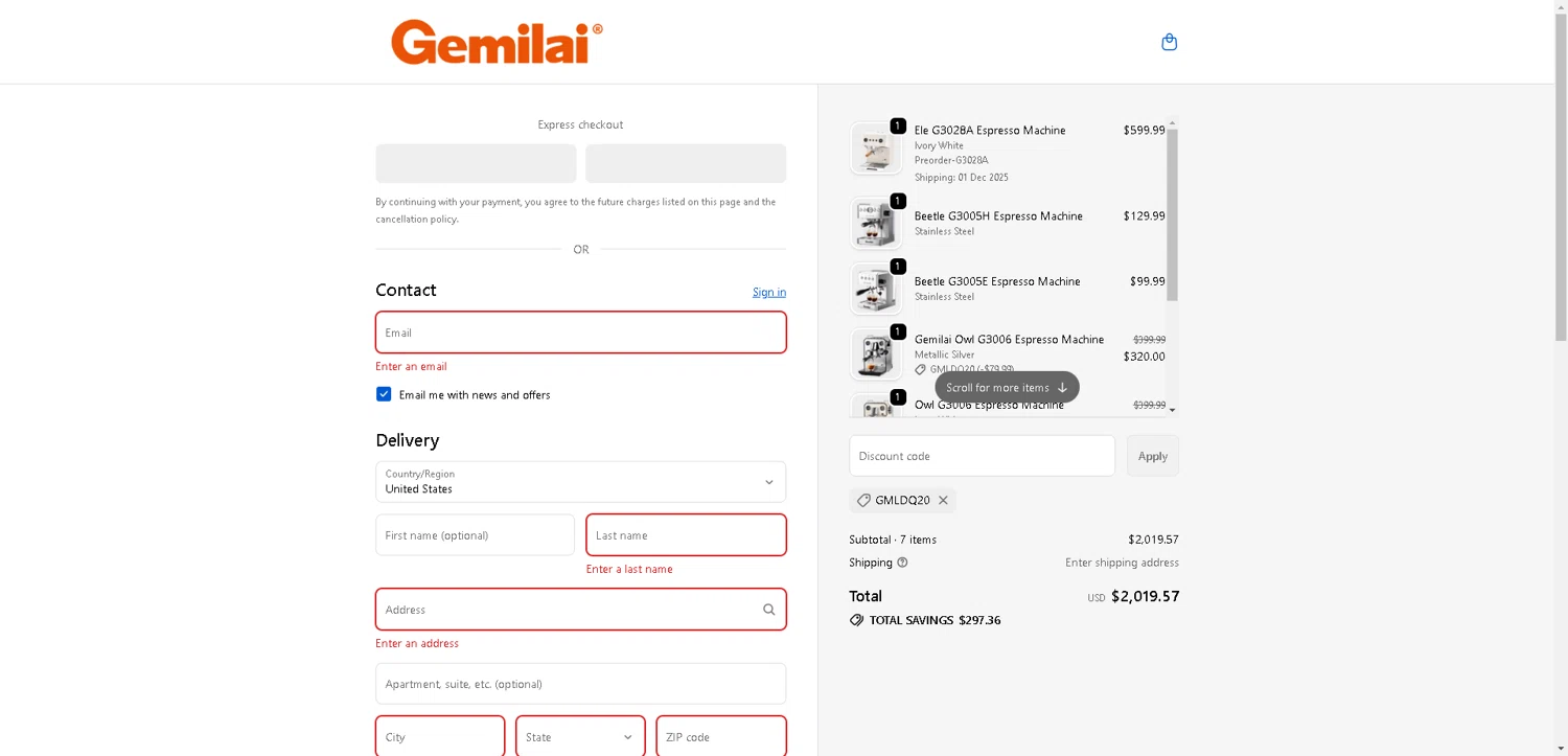 Gemilai promo code screenshot showing code GMLDQ20 applied at Gemilai checkout page. Uploaded by SimplyCodes community member VictoriousFinder4393 on Oct 25, 2025