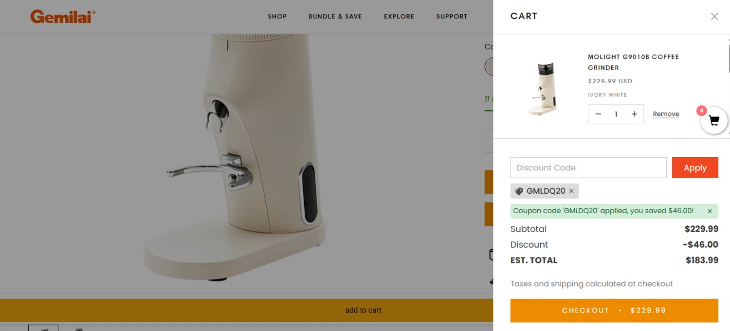 Gemilai promo code screenshot showing code GMLDQ20 applied at Gemilai checkout page. Uploaded by SimplyCodes community member SavvyLegend1586 on Apr 23, 2025