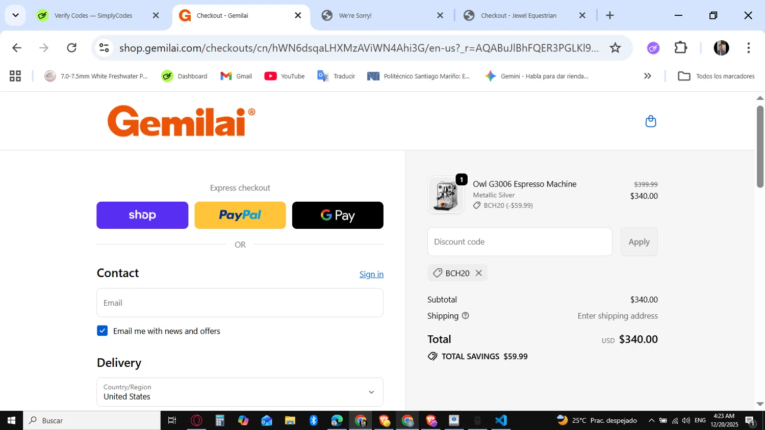 Gemilai promo code screenshot showing code BCH20 applied at Gemilai checkout page. Uploaded by SimplyCodes community member KataldoMustafack on Dec 20, 2025