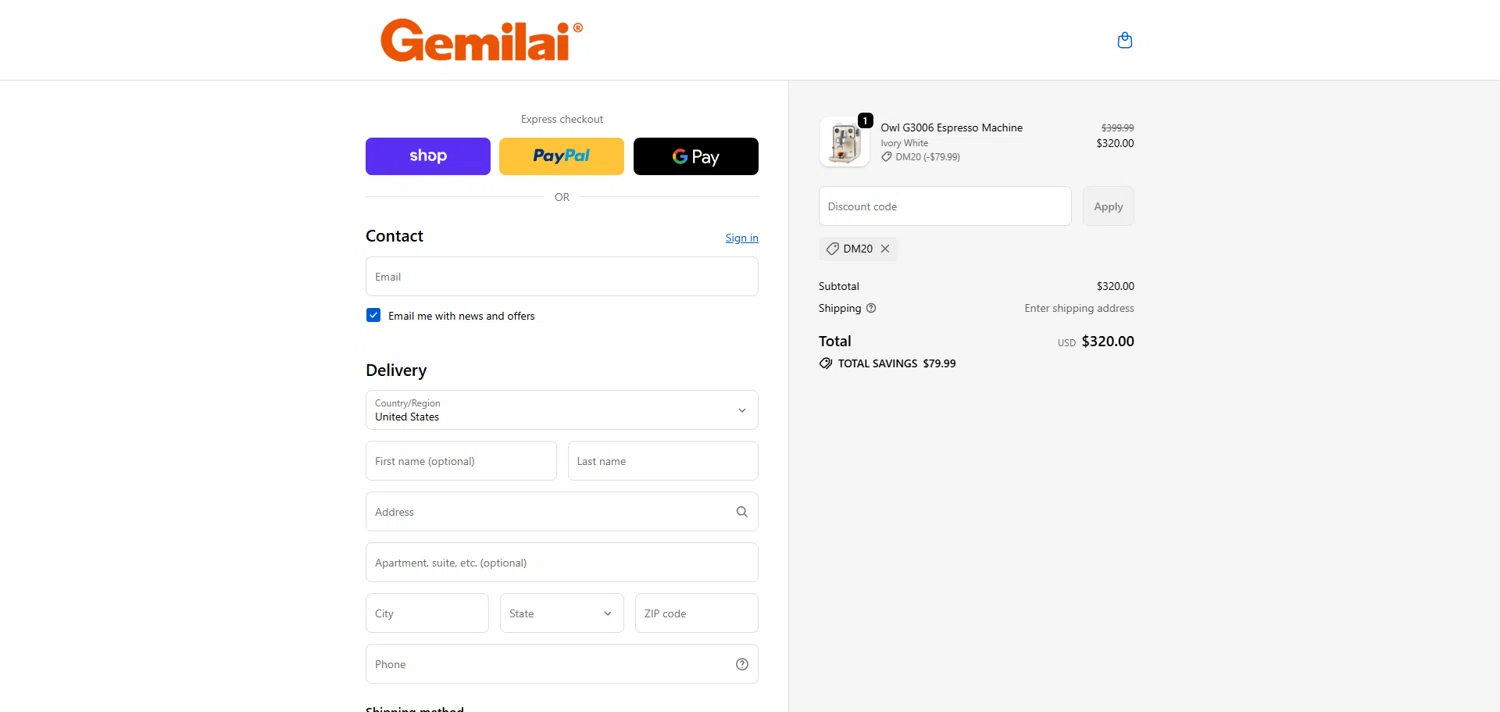 Gemilai promo code screenshot showing code DM20 applied at Gemilai checkout page. Uploaded by SimplyCodes community member ivantorres on Nov 10, 2025