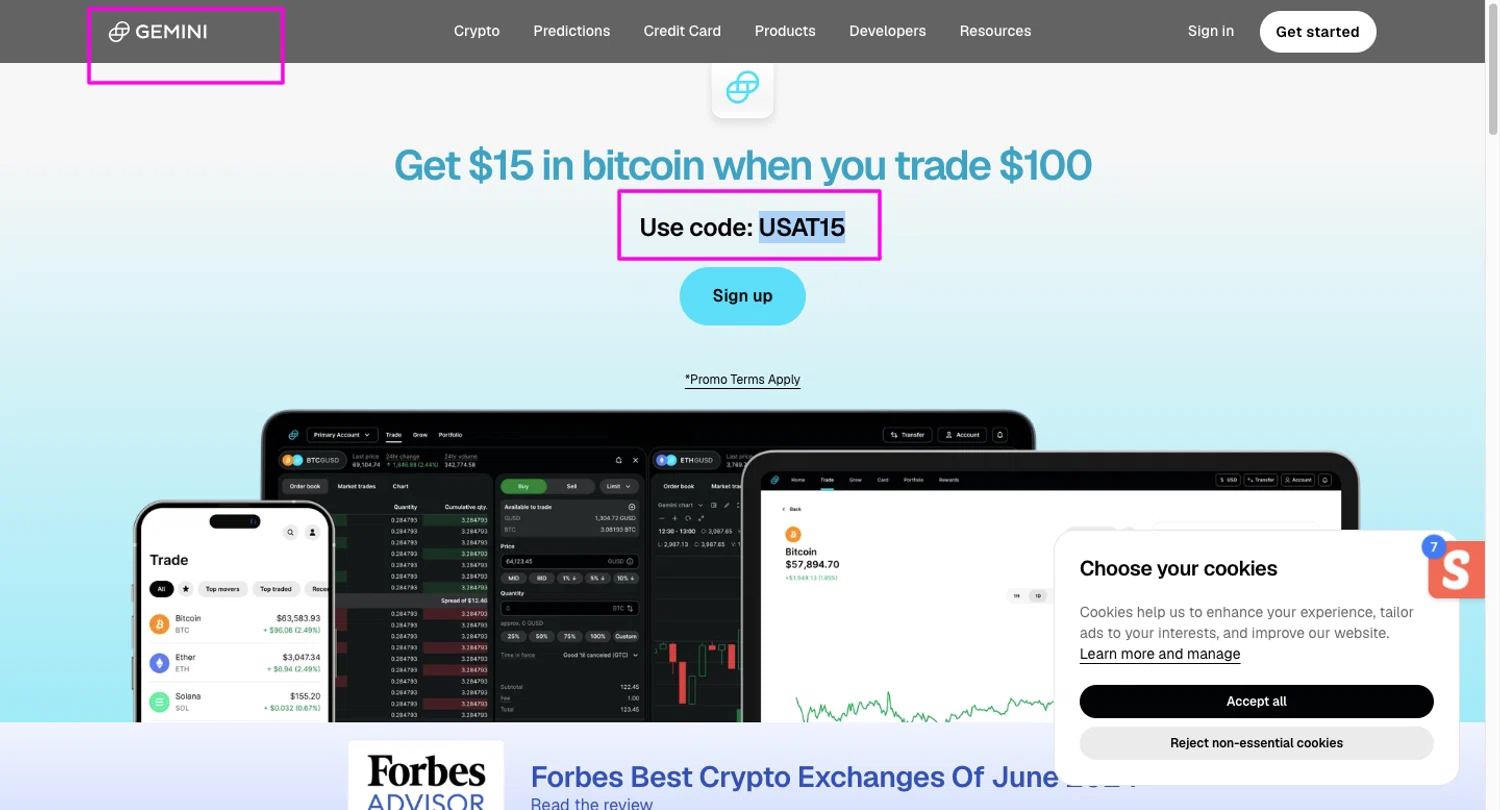 Gemini promo code screenshot showing code USAT15 applied at Gemini checkout page. Uploaded by SimplyCodes community member chandlerbing on Jun 11, 2026