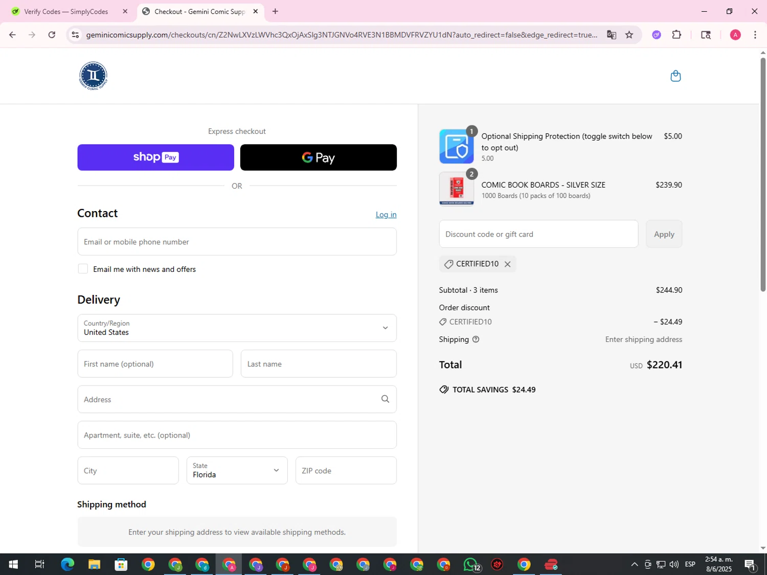 Gemini Comic Supply discount code screenshot showing code certified10 applied at Gemini Comic Supply checkout page. Uploaded by SimplyCodes community member CrownHawk3462 on Jun 8, 2025
