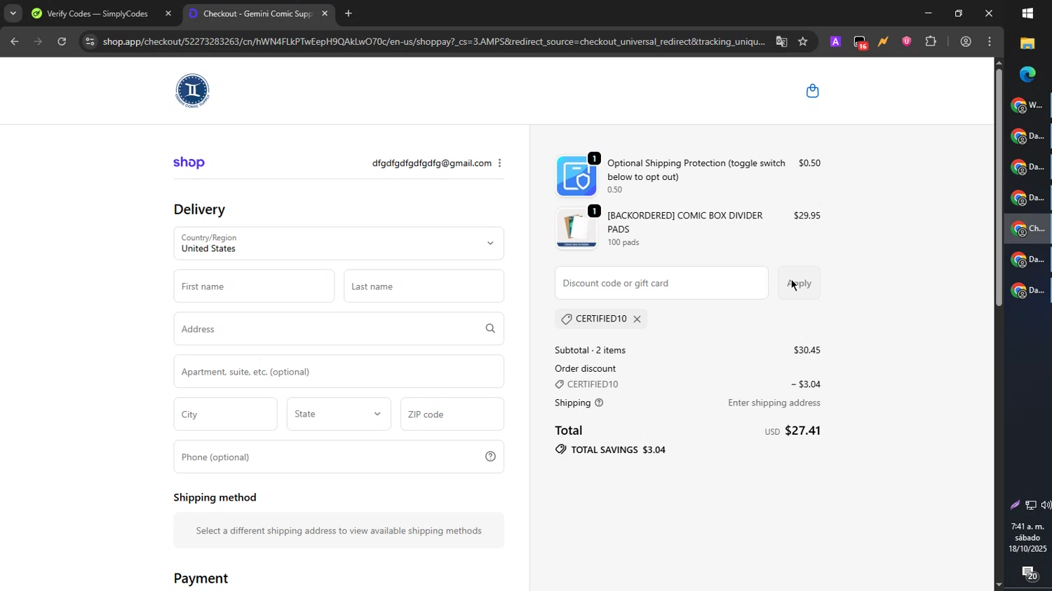 Gemini Comic Supply discount code screenshot showing code certified10 applied at Gemini Comic Supply checkout page. Uploaded by SimplyCodes community member SmartMaverick5327 on Oct 18, 2025