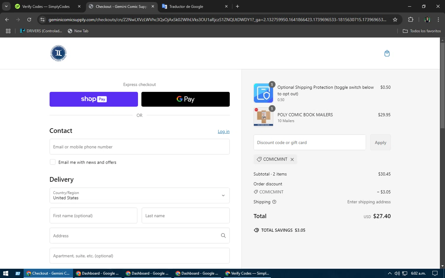 Gemini Comic Supply discount code screenshot showing code COMICMINT applied at Gemini Comic Supply checkout page. Uploaded by SimplyCodes community member TheWizard on Feb 16, 2025