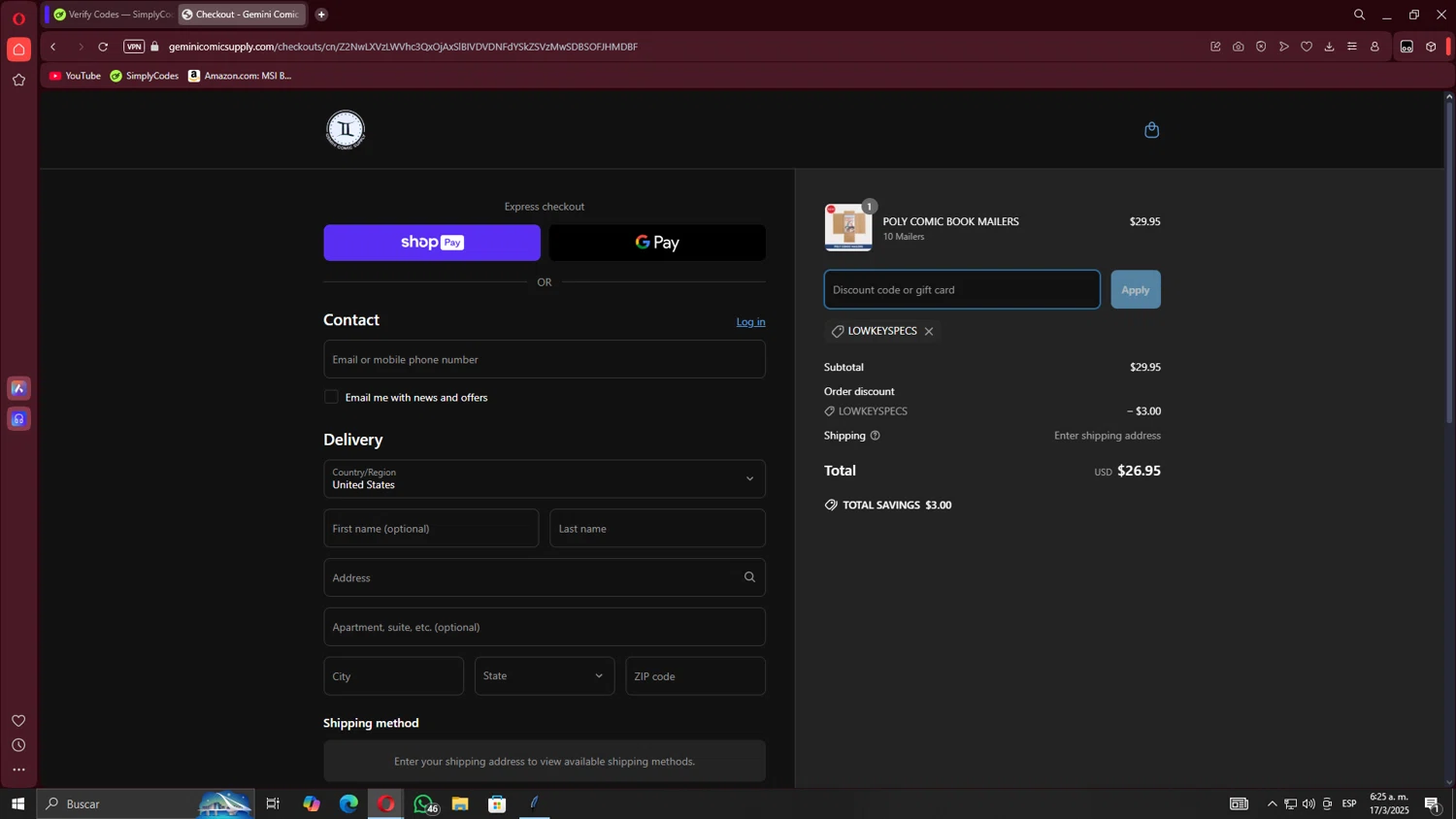 Gemini Comic Supply discount code screenshot showing code lowkeyspecs applied at Gemini Comic Supply checkout page. Uploaded by SimplyCodes community member TheRodan on Mar 17, 2025