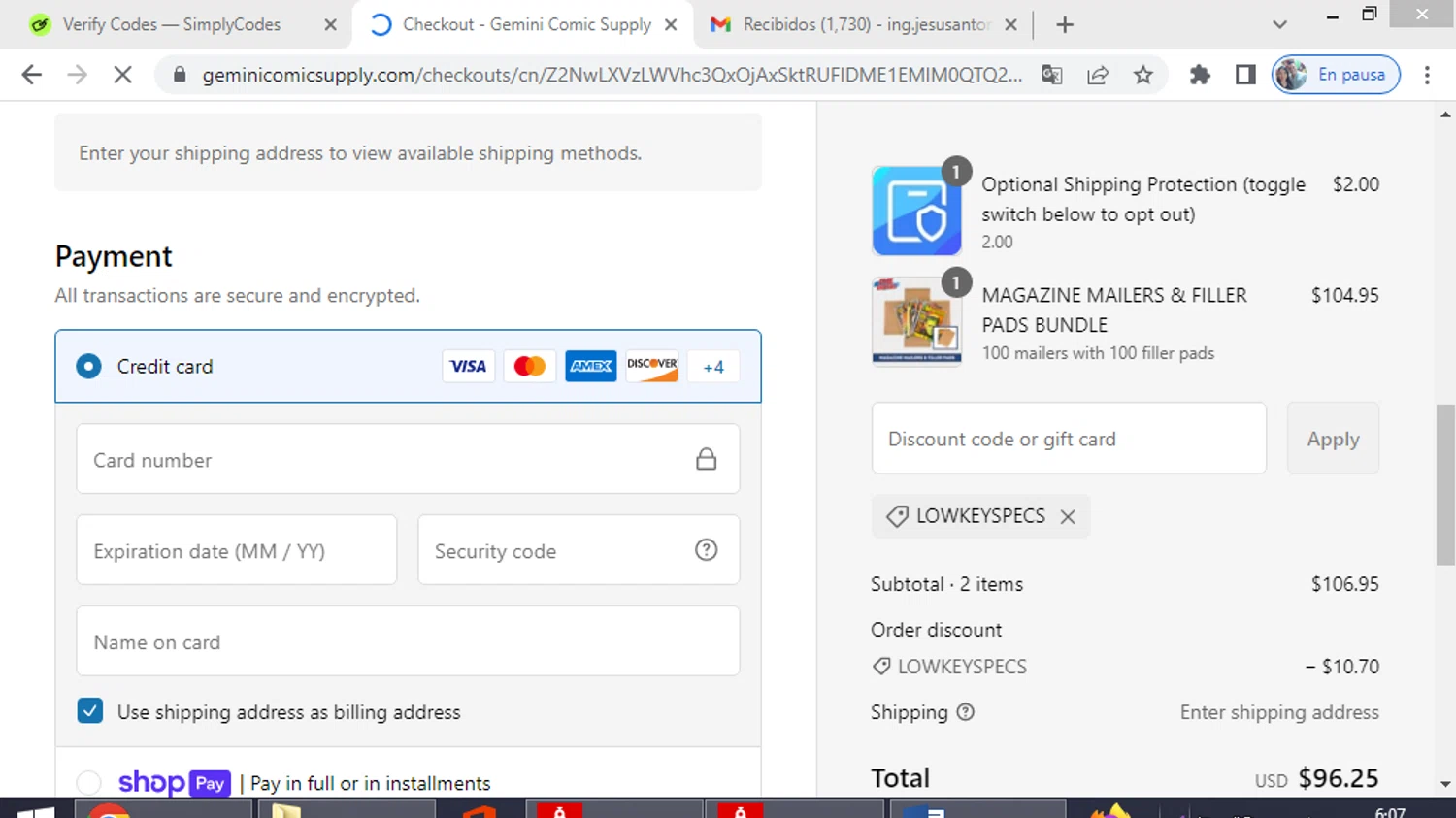 Gemini Comic Supply discount code screenshot showing code lowkeyspecs applied at Gemini Comic Supply checkout page. Uploaded by SimplyCodes community member ShieldWhiz4659 on Feb 10, 2025