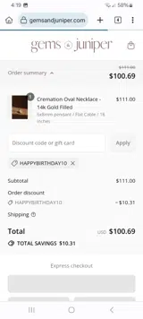 Gems and Juniper coupon verification screenshot