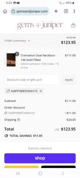 Gems and Juniper coupon verification screenshot