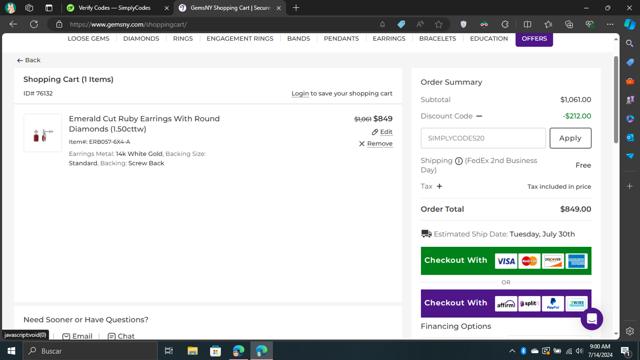GemsNY checkout page showing GemsNY coupon code box | Screenshot taken by SimplyCodes community member on Jul 14, 2024