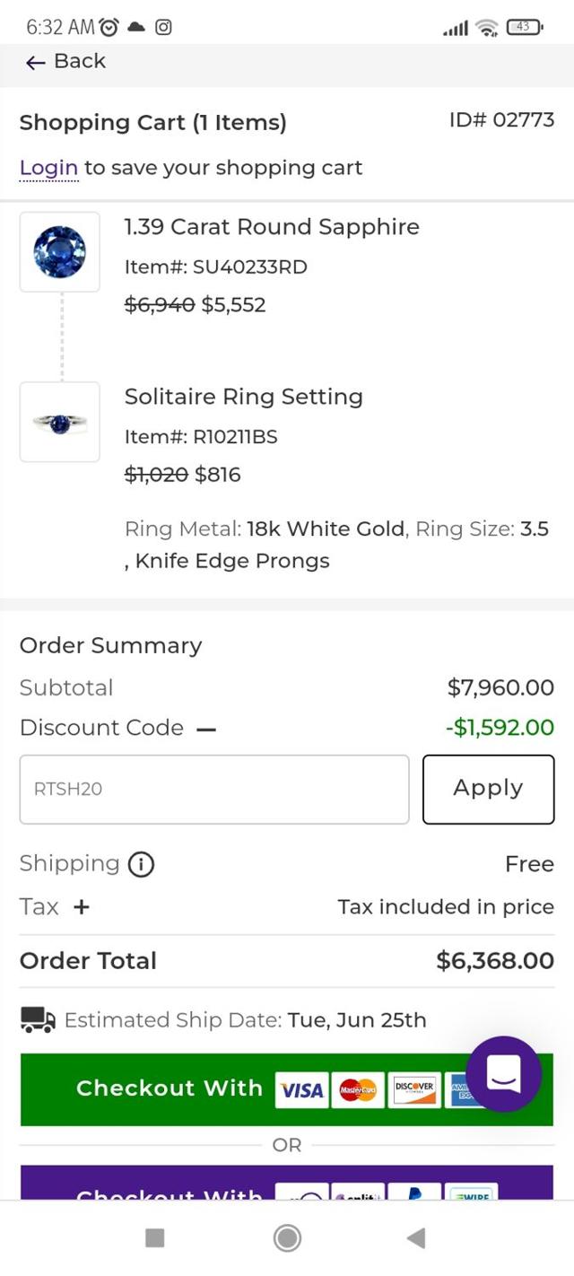 GemsNY checkout page showing GemsNY coupon code box | Screenshot taken by SimplyCodes community member on Jun 9, 2024