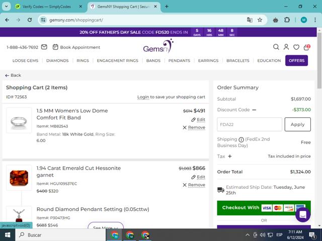 GemsNY checkout page showing GemsNY coupon code box | Screenshot taken by SimplyCodes community member on Jun 12, 2024