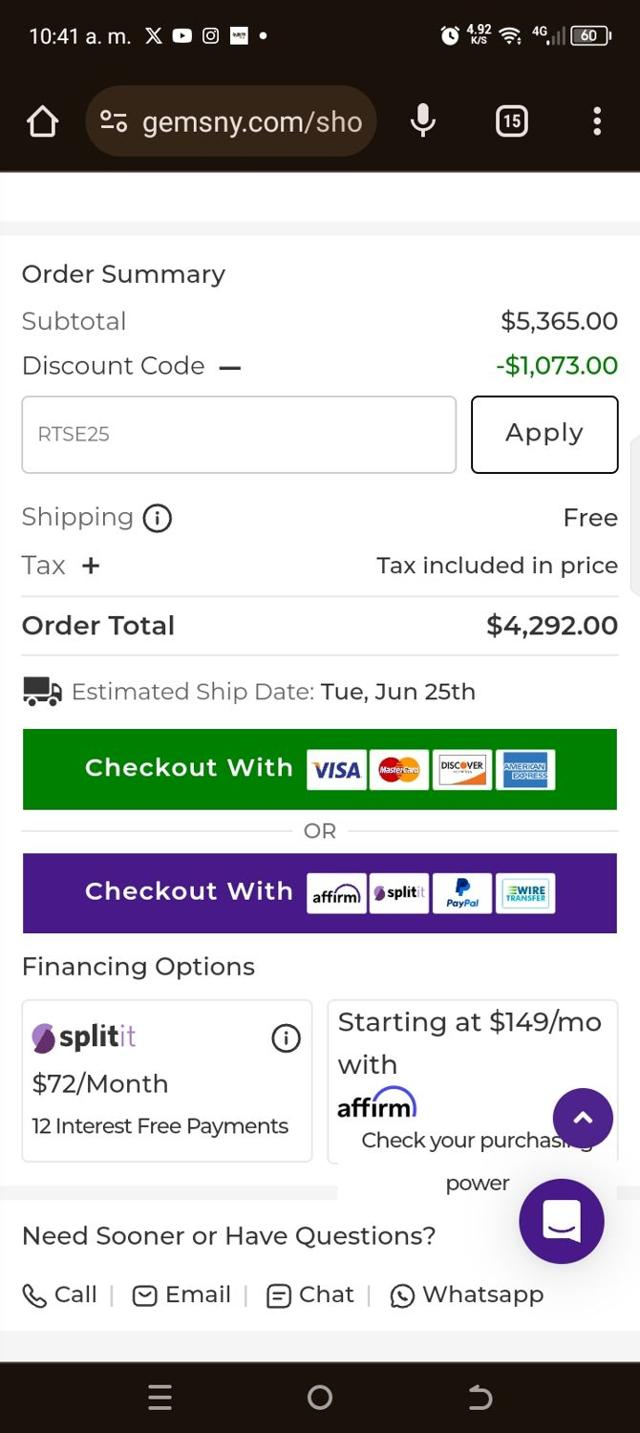 GemsNY checkout page showing GemsNY coupon code box | Screenshot taken by SimplyCodes community member on Jun 8, 2024
