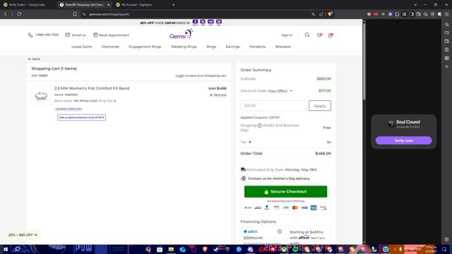 GemsNY checkout page showing GemsNY coupon code box | Screenshot taken by SimplyCodes community member on May 6, 2025
