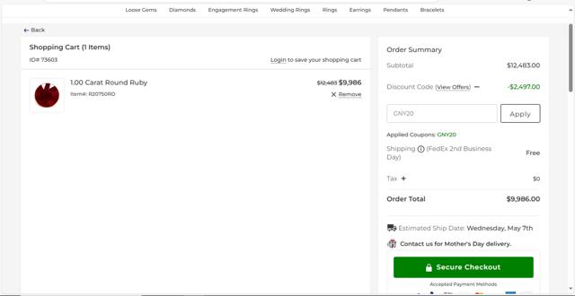 GemsNY checkout page showing GemsNY coupon code box | Screenshot taken by SimplyCodes community member on May 6, 2025