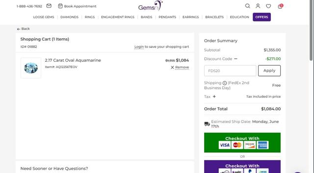 GemsNY checkout page showing GemsNY coupon code box | Screenshot taken by SimplyCodes community member on Jun 15, 2024