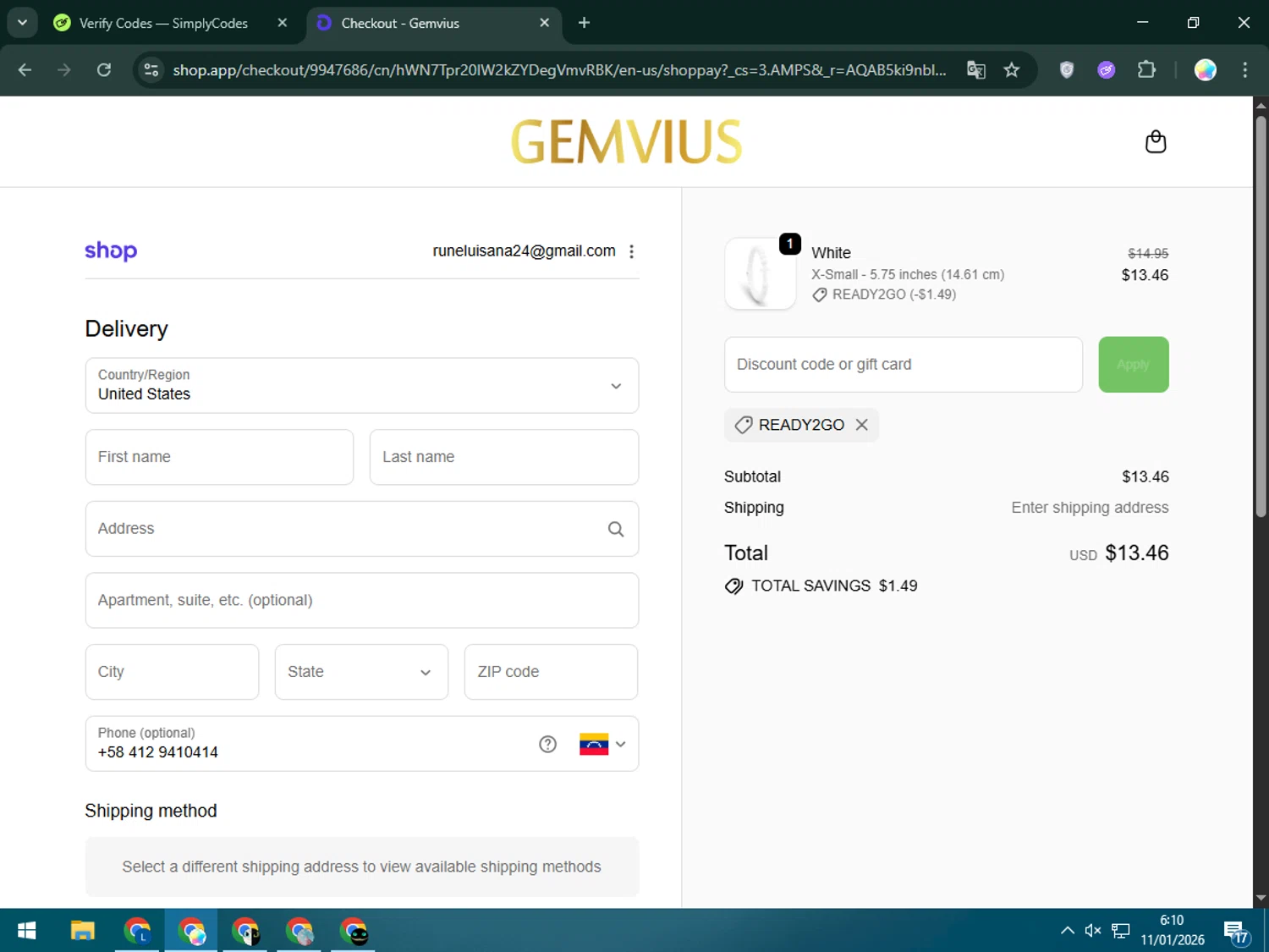 Gemvius promo code screenshot showing code READY2GO applied at Gemvius checkout page. Uploaded by SimplyCodes community member Estrellitacoairis on Jan 11, 2026