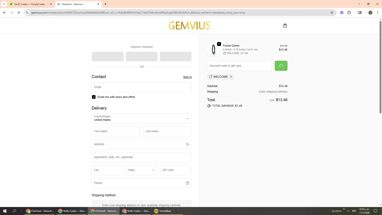 Gemvius promo code screenshot showing code WELCOME applied at Gemvius checkout page. Uploaded by SimplyCodes community member Phoenix585 on Jan 11, 2026