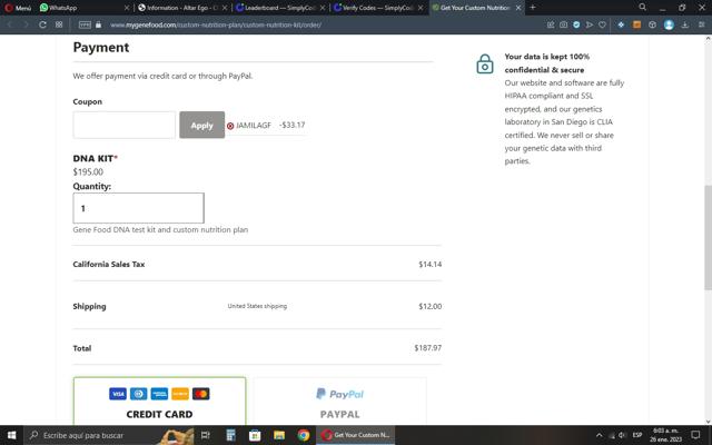 GeneFood checkout page showing GeneFood discount code box | Screenshot taken by SimplyCodes community member on Jan 26, 2023