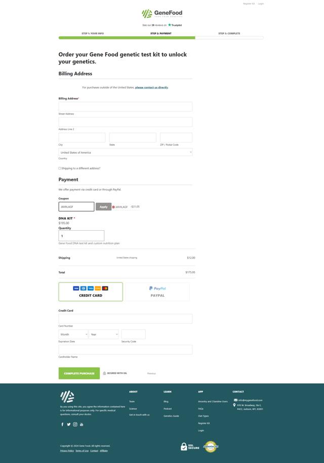 GeneFood checkout page showing GeneFood discount code box | Screenshot taken by SimplyCodes community member on Jan 8, 2024