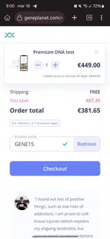 GENE15 coupon verification screenshot