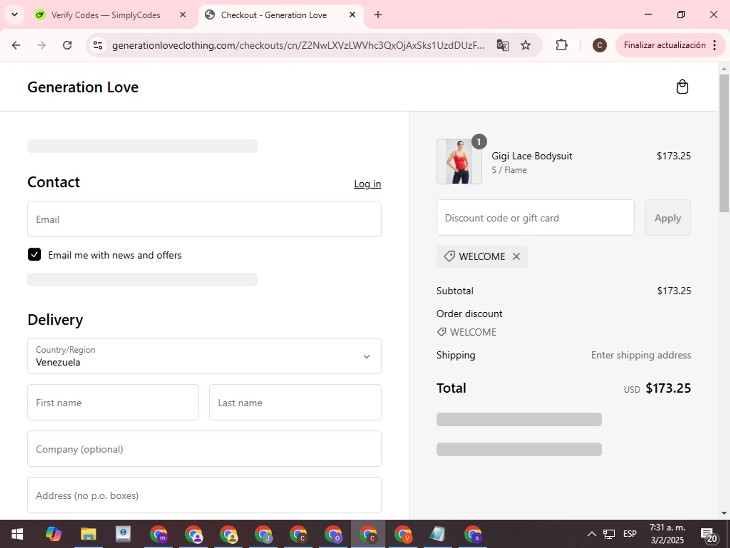Generation Love Clothing promo code screenshot showing code WELCOME applied at Generation Love Clothing checkout page. Uploaded by SimplyCodes community member WonderCurator7831 on Feb 3, 2025