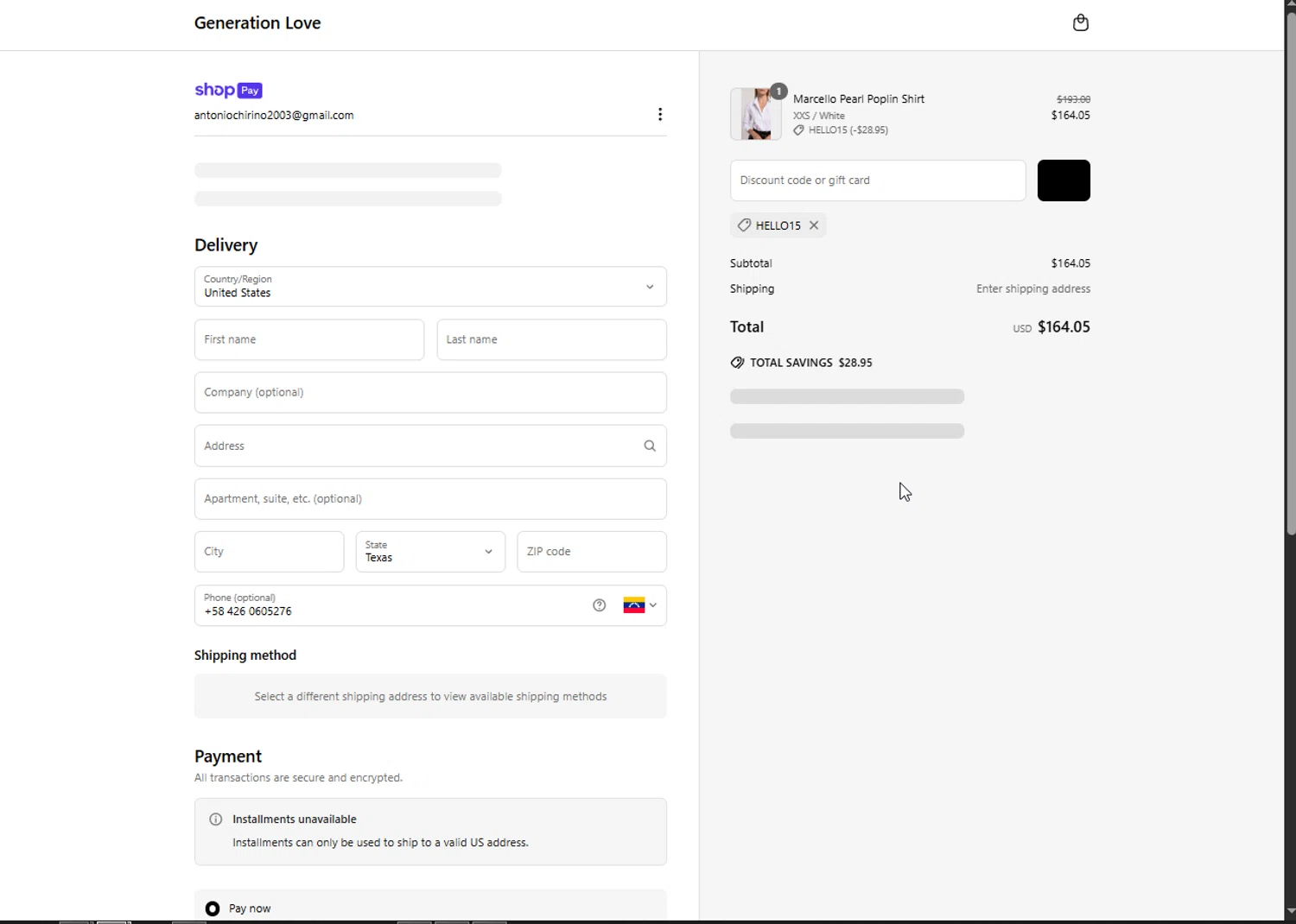 Generation Love Clothing promo code screenshot showing code hello15 applied at Generation Love Clothing checkout page. Uploaded by SimplyCodes community member Heibk201 on Jun 16, 2025
